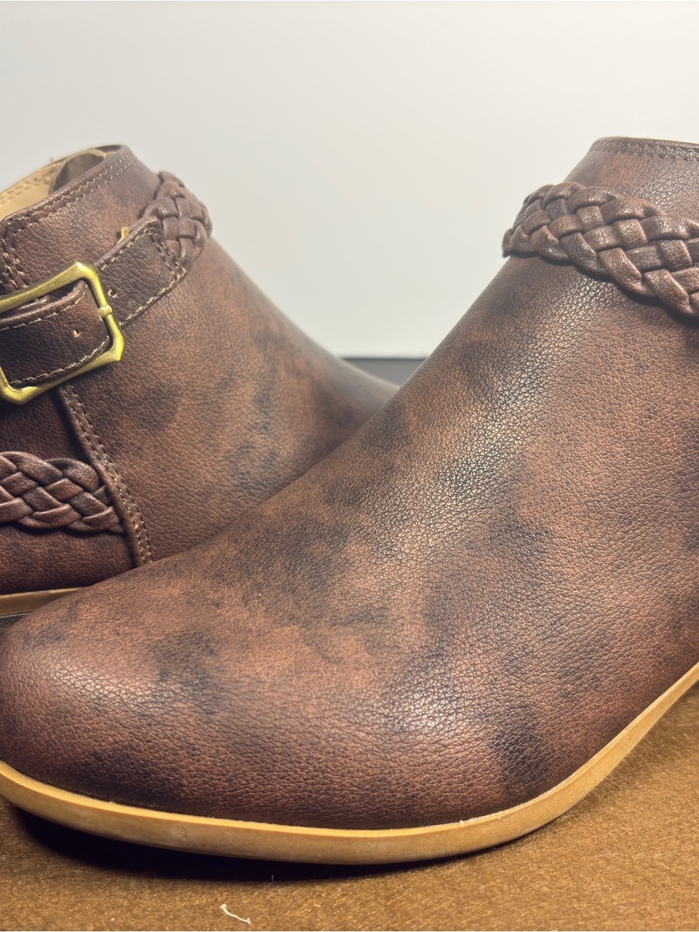 Women’s Life Stride Adriana Brown Braided Ankle Boot with Buckle Memory Foam